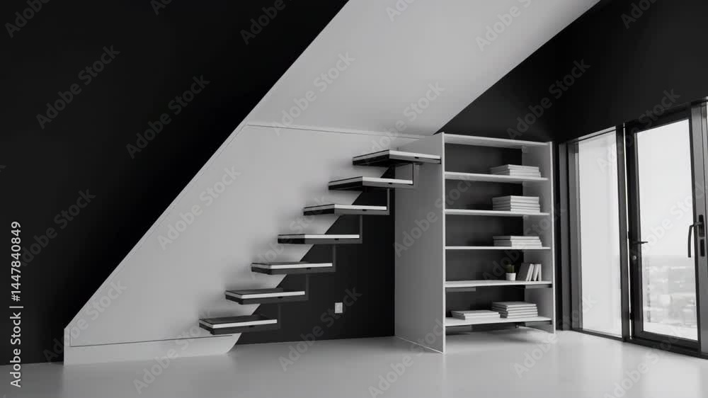 Modern minimalist interior design with floating staircase and bookshelf Modern minimalist interior design with floating staircase and bookshelf