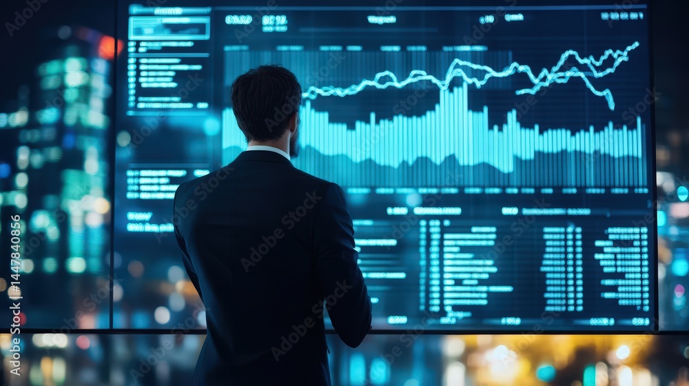 A professional real estate agent standing in front of a large screen displaying market trends and housing prices. A professional real estate agent standing in front of a large screen displaying market trends and housing prices.
