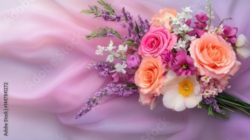 Romantic flower arrangement resting gently on flowing purple fabric
