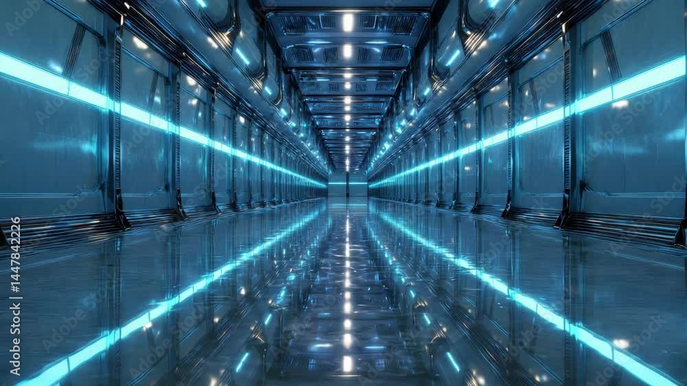 Futuristic Sci Fi Corridor with Reflective Floor and Neon Blue Lights Modern Spaceship Interior Design
