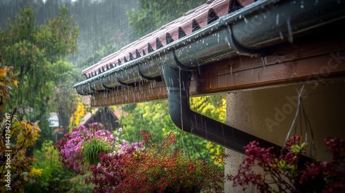 Rain Gutter System During Heavy Rainfall: A Close-Up View