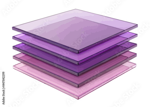 Stack of translucent purple and pink square sheets arranged in a layered display on white background