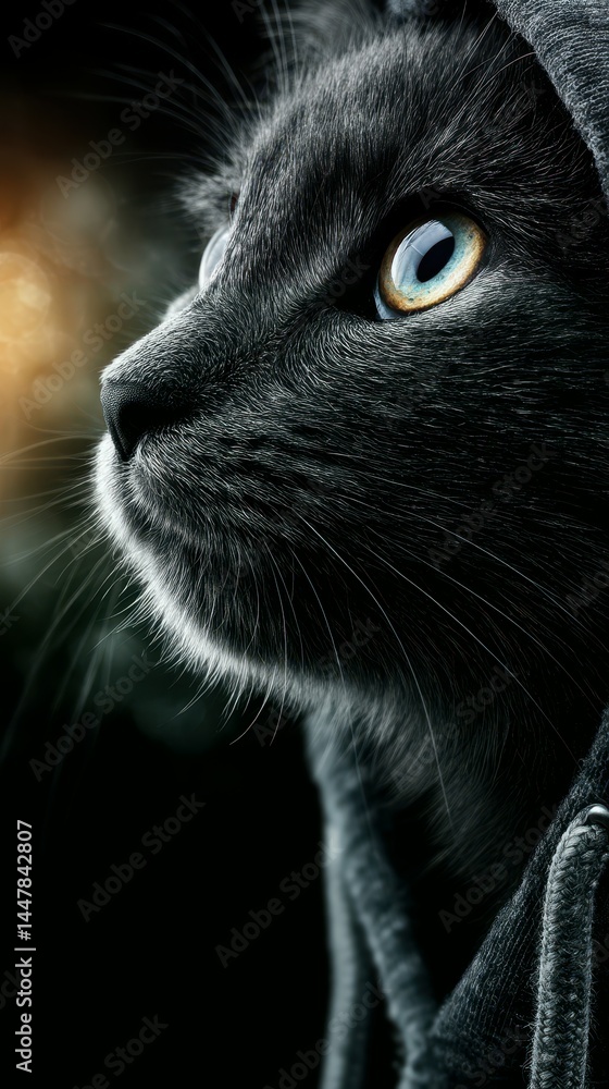 Black cat in a hoodie gazes thoughtfully into the distance during twilight hours in a serene urban setting Black cat in a hoodie gazes thoughtfully into the distance during twilight hours in a serene urban setting