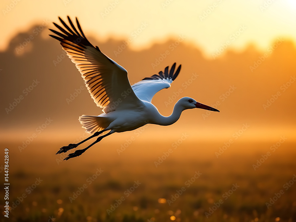 Fototapeta premium Graceful white heron in flight at sunrise nature photography serene landscape close-up