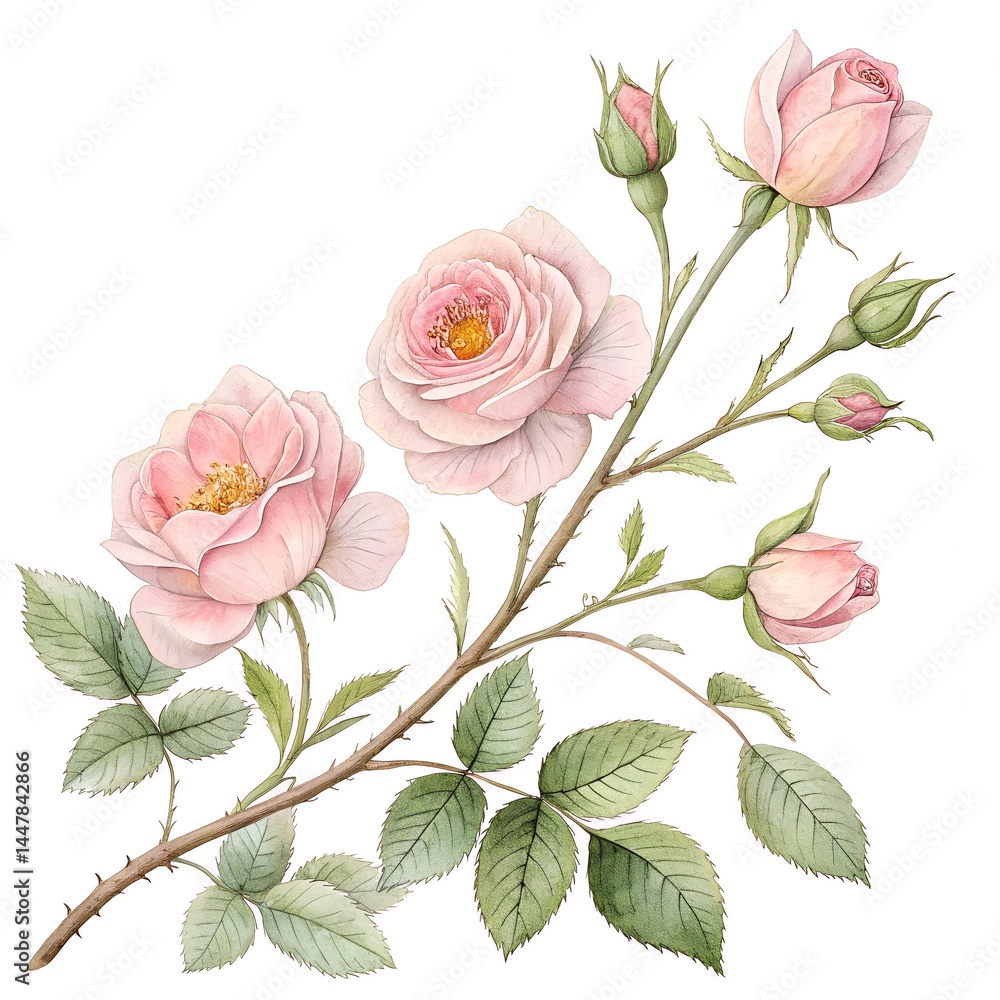 Fototapeta premium Graceful Pink Roses on a Branch with Fresh Green Leaves