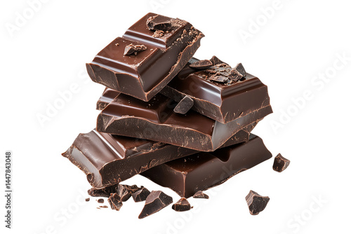 Rich dark chocolate pieces stacked with shards isolated on transparent background