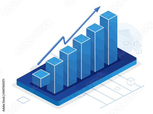 Isometric illustration of blue bar graph with upward trending arrow on a platform showing growth