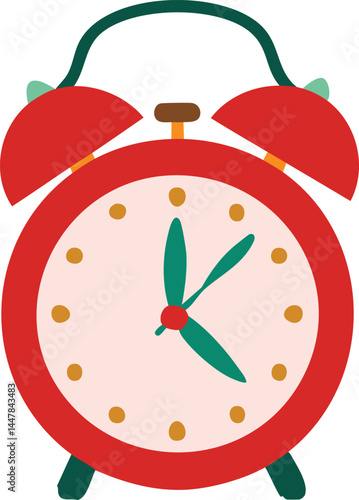 A charming red alarm clock with a whimsical design, a symbol of punctuality, time management, and the daily rhythm. Its classic silhouette and vibrant colors add a touch of nostalgia and practicality.