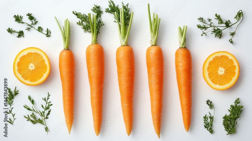 Five carrots, oranges, & herbs on white Five carrots, oranges, & herbs on white