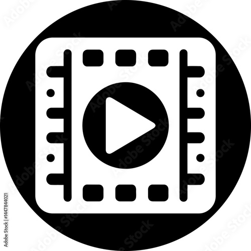 Play Video Icon in Black Circle
White Movie Symbol with Play Button on Black
Film Strip Play Icon - Circular Design