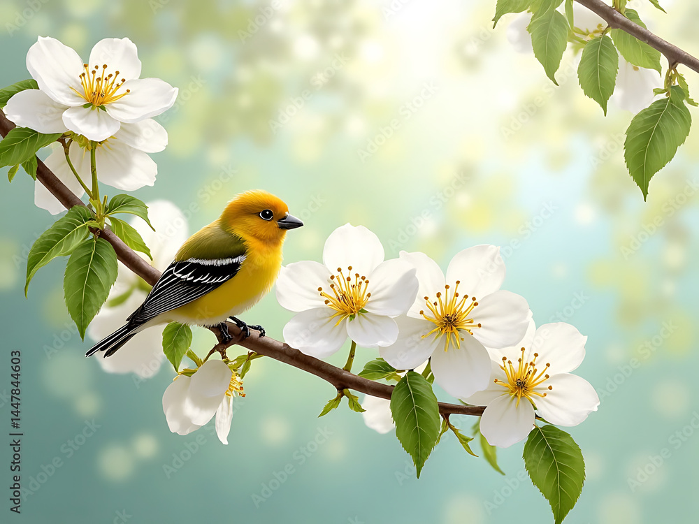 Fototapeta premium Vibrant yellow bird perched on blossoming branch in serene nature setting springtime beauty