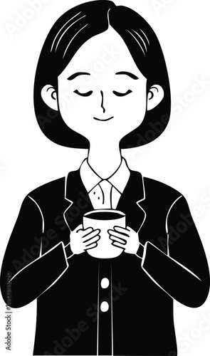 A young woman in a black suit takes a moment to relax and enjoy a warm cup of coffee. Her eyes are closed, and a serene smile graces her face, suggesting a state of tranquility and peace.  