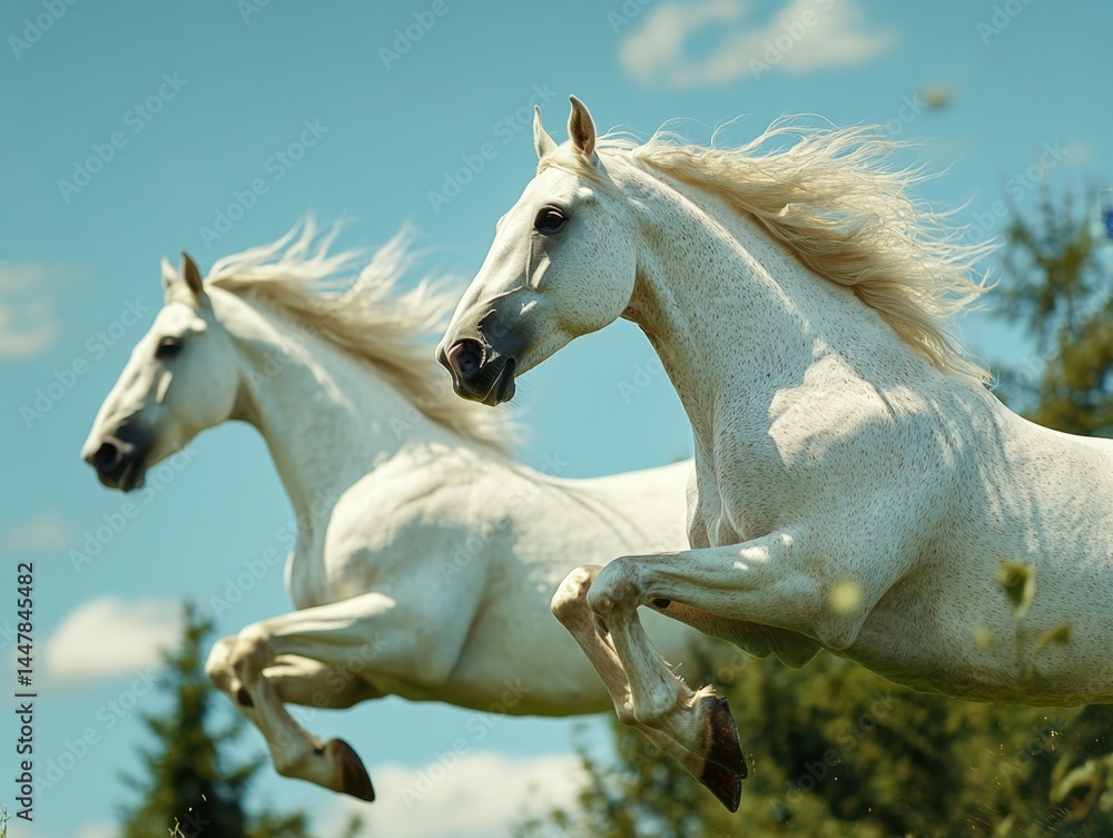 Fototapeta premium Elegant white horses galloping through grassy field with trees in the background.