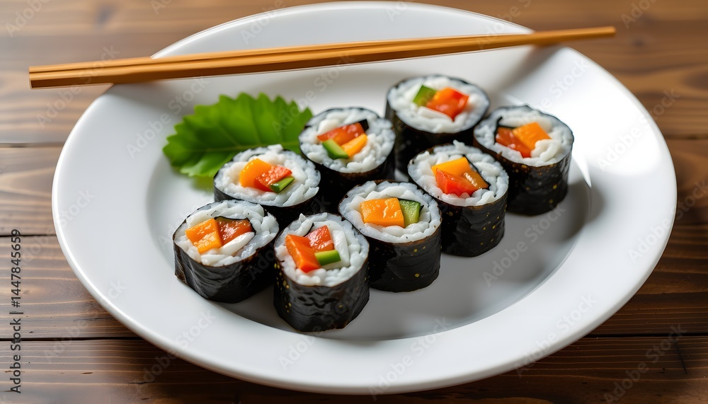 Clean white plate with sushi rolls, chopsticks and copy space. Clean white plate with sushi rolls, chopsticks and copy space.