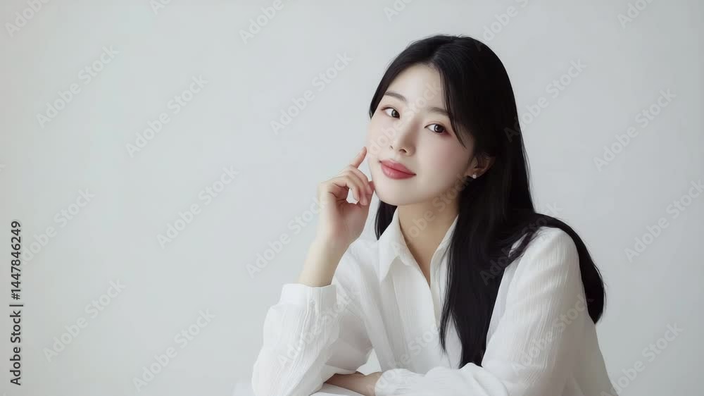 Portrait of Asian beautiful young woman happy smile softly touching their cheek Portrait of Asian beautiful young woman happy smile softly touching their cheek
