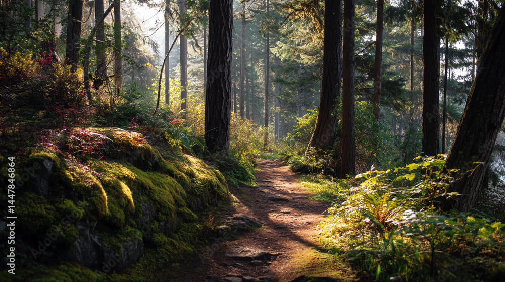 Fototapeta premium Forest pathway with sunlight filtering through, peaceful energy
