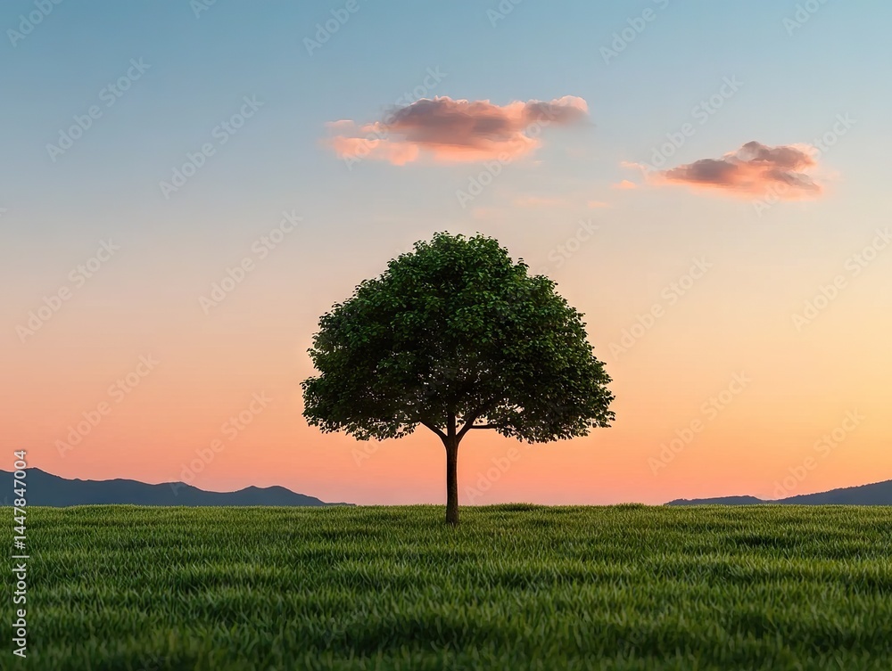 Obraz premium Sunset tree silhouette in an open field nature photography serene landscape tranquil environment