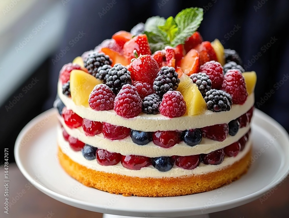Delicious berry layered cake bakery food photography indoor close-up sweetness and celebration Delicious berry layered cake bakery food photography indoor close-up sweetness and celebration