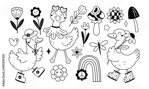 Set with silly goose, flowers, mushrooms, rainbow clipart in black color. Silly goose on the loose. Cute seasonal hand drawn vector illustration in flat style
