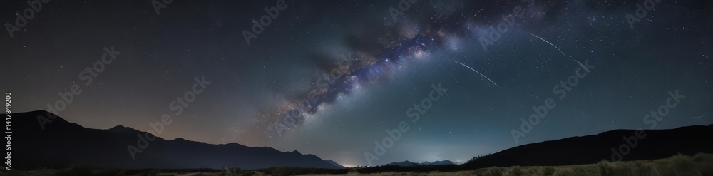 Fototapeta premium Celestial light trail streaks across starry night sky , black, magical
