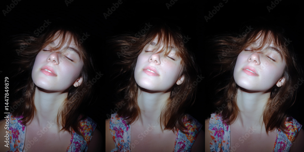 Obraz premium Triptych Portrait of Young Woman with Brown Hair and Floral Dress