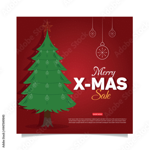Merry Christmas winter sale, discount social media post template design, with vector pine tree, Christmas ball decoration, Christmas square discount poster design.
