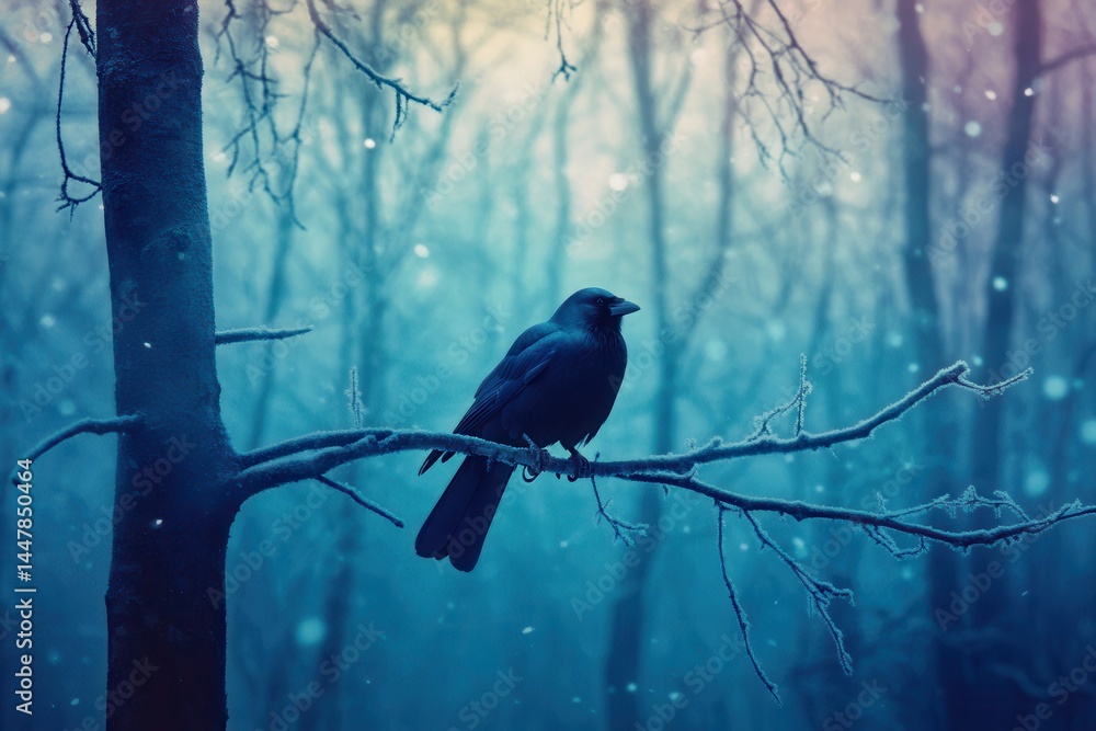 Fototapeta premium A solitary black bird perched on a frost-covered branch amidst a misty, snow-laden forest