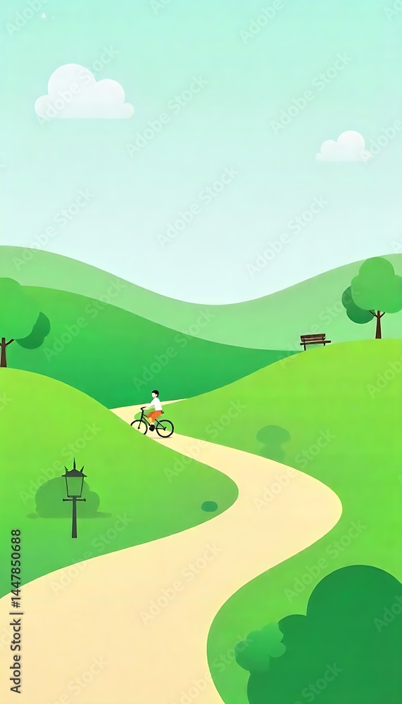 Fototapeta premium Generative AI illustration of a cyclist riding through a park on a sunny day