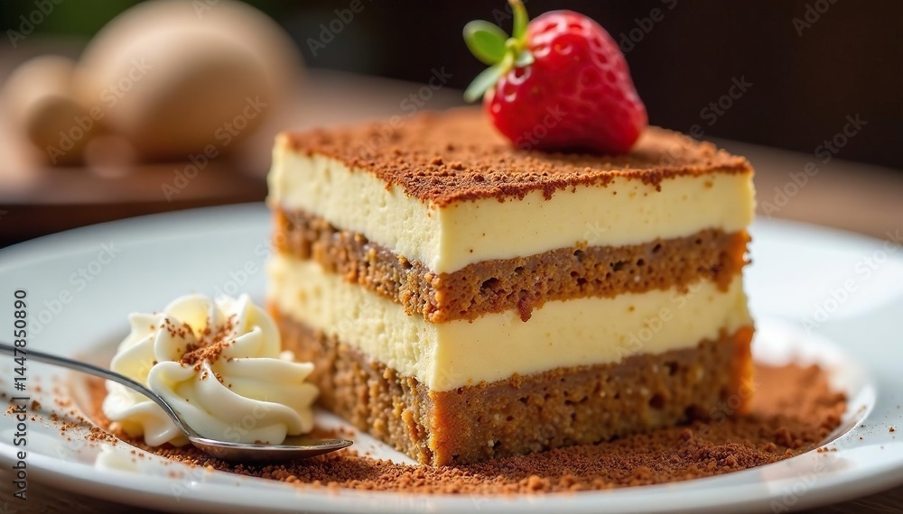 Close-up view of a single serving of tiramisu, showcasing its texture and layers , portion, creamy Close-up view of a single serving of tiramisu, showcasing its texture and layers , portion, creamy