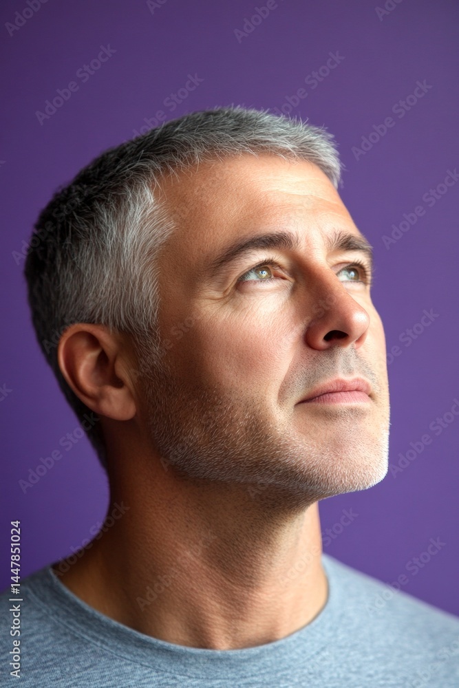 A graceful mature man with a modern hairstyle. Purple solid background. Graphic design of style for aging men. Classy men's crew cut haircut - midlife white man with grey hair.