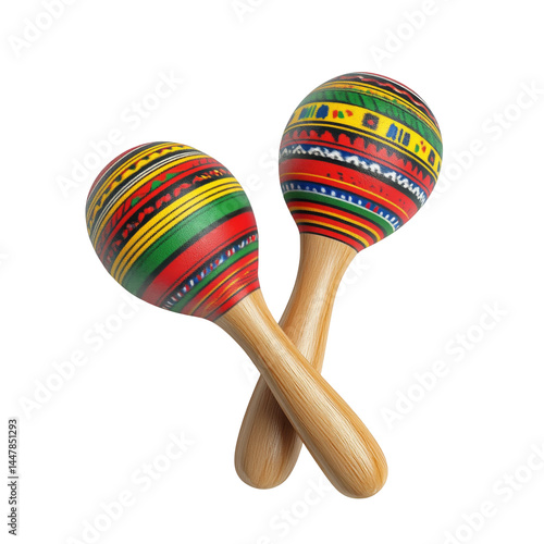 A pair of brightly colored maracas, a symbol of music and celebration, are arranged in an X-shape. The maracas are made of wood and have colorful patterns.