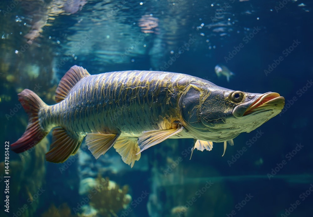 Fototapeta premium Majestic fish swimming gracefully in clear blue waters, showcasing its scales and fins.