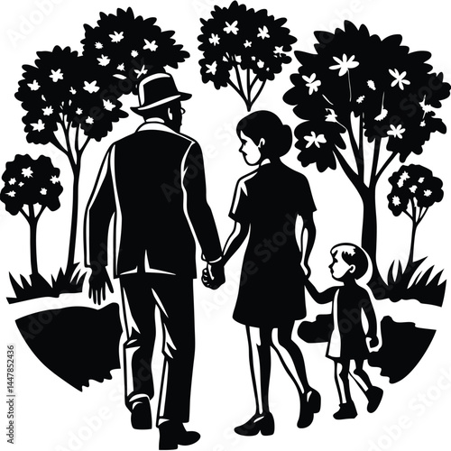 Family Stroll in the Park A Vintage Illustration