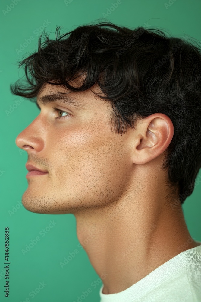 Chic men's high and tight haircut - midlife white man with black hair. Green solid background. Concept art of style for aging men. A radiant and poised man in a professional portrait.