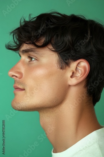 Obraz na płótnie Chic men's high and tight haircut - midlife white man with black hair. Green solid background. Concept art of style for aging men. A radiant and poised man in a professional portrait. w salonie