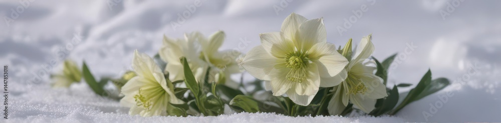 Fototapeta premium Cream hellebore emerges from snowdrift, winter bloom , single bloom, icy