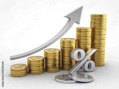 Stacks of golden coins with a silver arrow and percentage sign indicating growth and profit increase