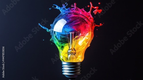 Colorful lightbulb splash, dark background, idea concept