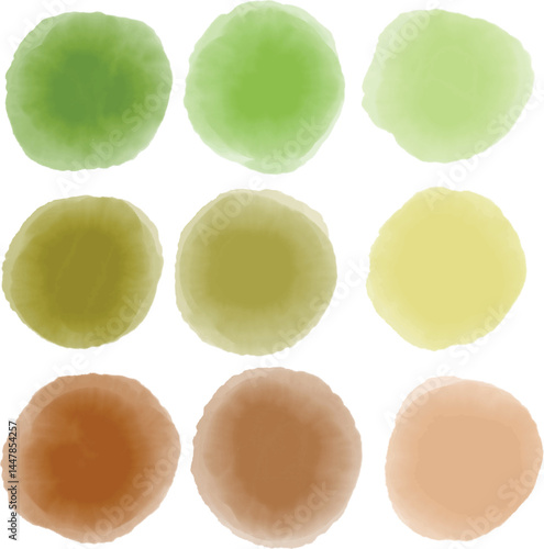 Set of Watercolor Vector Circles in Gradient Green and Brown Tones. Abstract watercolor art featuring nine circles in varying green and brown shades arranged in a grid.