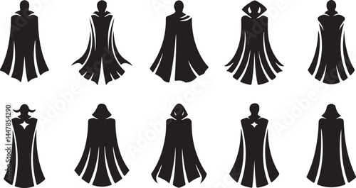 Silhouette Collection of Cloaked Figures in Various Poses, Perfect for Fantasy, Heroic, and Mysterious