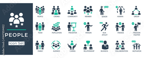 Flat vector people icon set. Including team, community, crowd, family, business, friends, collaboration, relationship, presenter, audience, and group symbols.