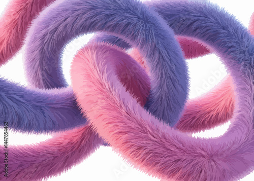 Close up of intertwined fuzzy rings in shades of pink and purple against a white background