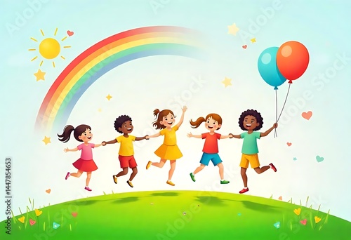 Generative AI Children's illustration of diverse kids running with balloons under a rainbow