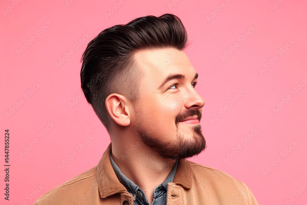 A man with timeless beauty and confidence. Trendy men's high fade haircut - midlife white man with black hair. Concept art visual graphic design of style for aging men. Pink solid backgroun.