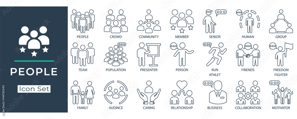 People icon set in minimal line style featuring team, group, community, crowd, family, friends, presenter, business, collaboration, relationship, and audience concepts.