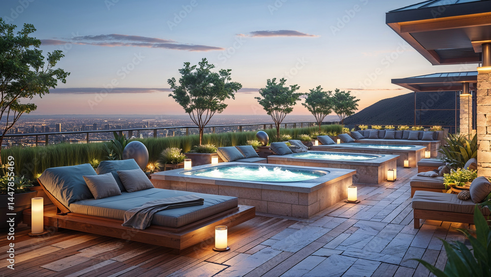 Fototapeta premium Luxurious rooftop oasis featuring hot tubs and comfortable lounging areas at dusk