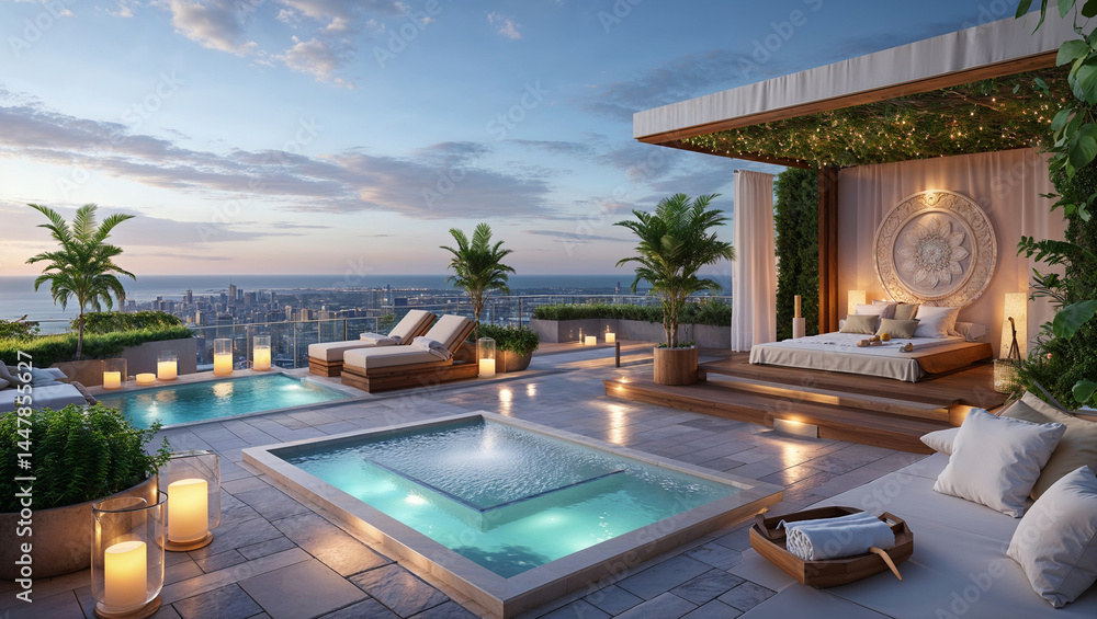 Luxurious rooftop oasis featuring swimming pools lounging areas and a relaxing master bedroom Luxurious rooftop oasis featuring swimming pools lounging areas and a relaxing master bedroom