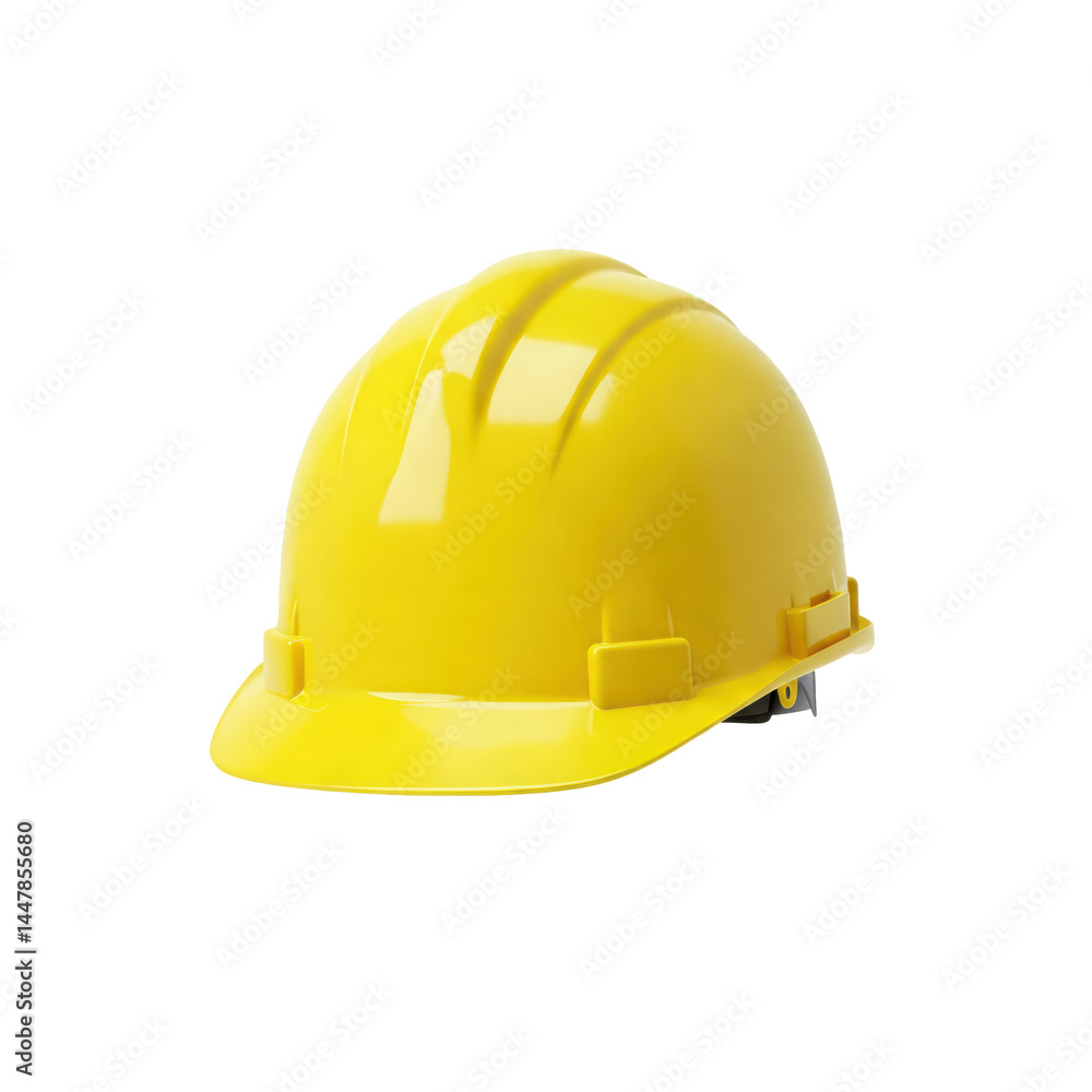 Floating yellow work helmet, front view, on a solid white background Floating yellow work helmet, front view, on a solid white background