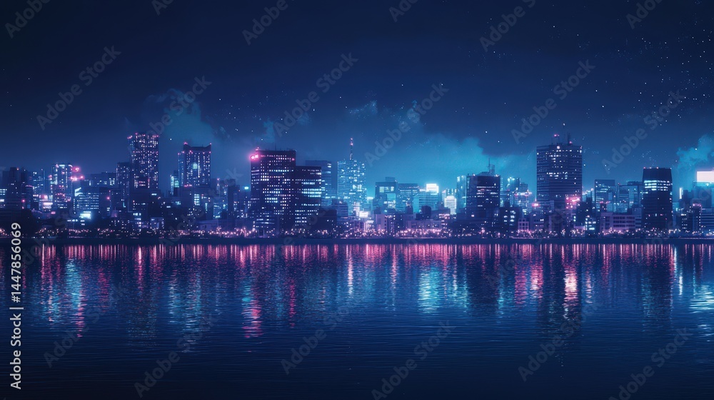 Naklejka premium A romantic city skyline at night, with lights twinkling and a soft glow over a peaceful urban landscape.