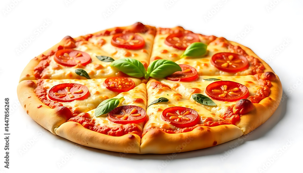 A large, delicious pizza placed on a completely clean, pure white background. The pizza is beautifully baked with vibrant toppings, golden crust, and melted cheese, making it look extremely appetizing A large, delicious pizza placed on a completely clean, pure white background. The pizza is beautifully baked with vibrant toppings, golden crust, and melted cheese, making it look extremely appetizing